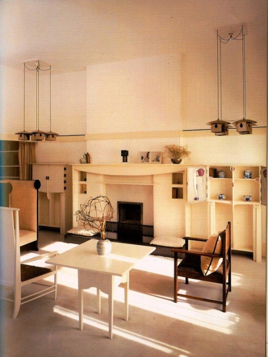 Charles Rennie Mackintosh, All white sitting room, artist home, c.1900, Abrams Guide to Period Styles for Interiors by Judith Gura