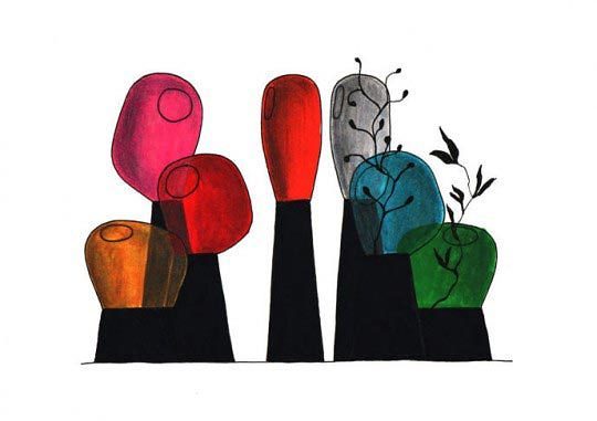 Ionna Vautrin, Dessin pour Fabbrica del vapore, vases pour Industreal, 2008, verre soufflé coloré et porcelaine, collaboration Guillaume Delvigne