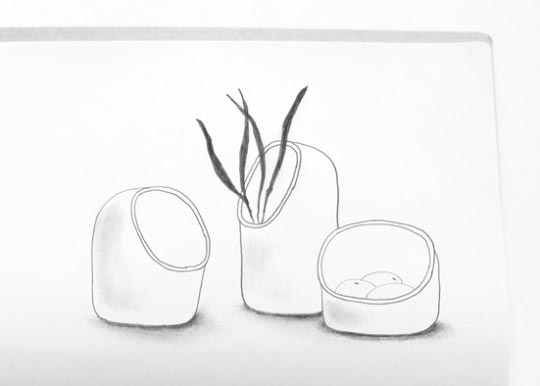 Ionna Vautrin, Dessin pour Ô, collection de vase, carafe et corbeille pour Moustache, 2011, terre cuite
