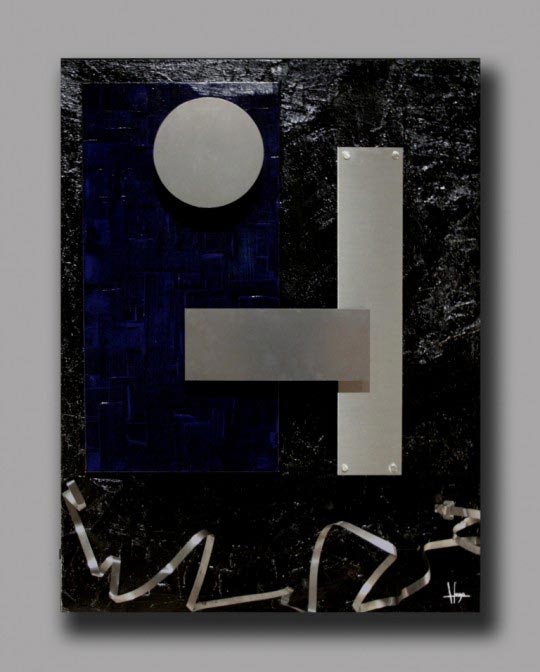 Hugo Brissaud, Dans la brume électrique. Toile, bois, acier, 116 x 89 cm