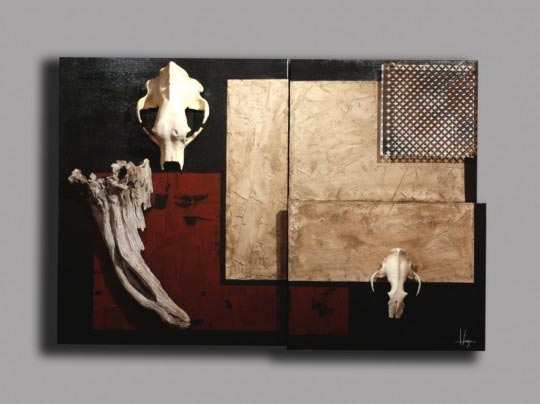 Hugo Brissaud, L’ours et le léopard. Acrylique sur toile, ferraille, crâne d’ours, crâne de léopard, 134 x 92 cm