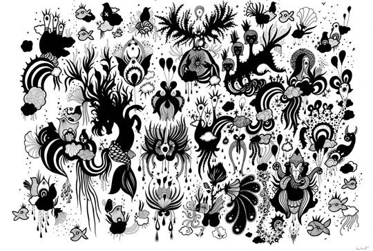 Anne Brunet, Sur la terre comme au ciel, encre sur papier, 2008