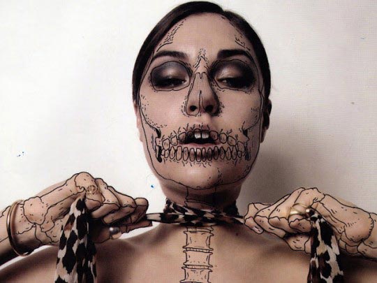 Dwayne Coleman, Sasha Grey Skel tie, Skelebrities, ink on photo by Richard Kern for Vice Magazine, 2011