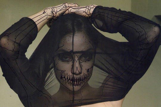 Dwayne Coleman, Sasha grey netting, Skelebrities, ink on photo by Richard Kern for Vice Magazine, 2011