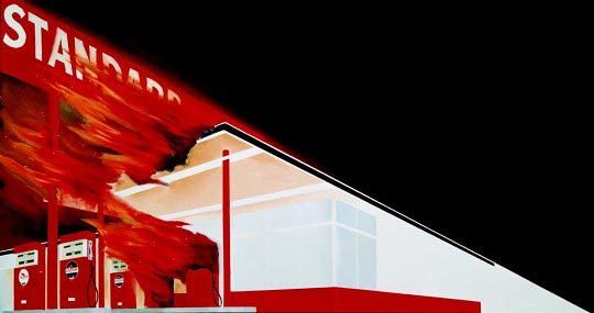 Burning Gas Station, 1966, oil on canvas, 52 x 99 cm Ed Ruscha