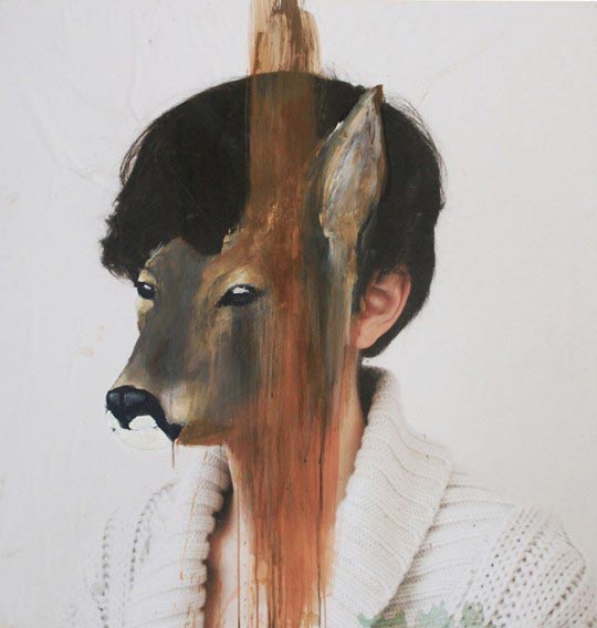 Charlotte Caron, Biche, Tirage de plan marouflé sur médium, acrylique, 90 x 90 cm, 2011 