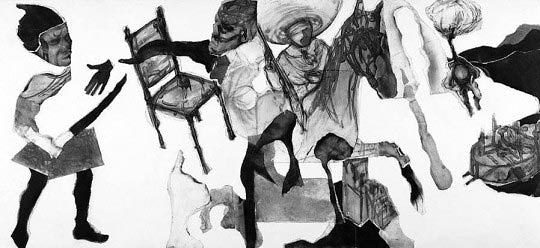Marko Velk, Demi-tour, fusain et pastel sec sur papier, 125 x 270 cm ©