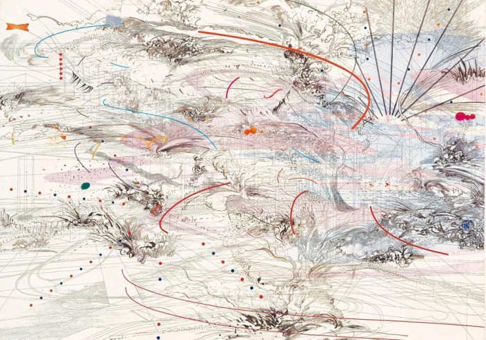 © Julie Mehretu, Immanence, encre et polymère synthétique sur toile, 72 x 96 inches (2004).