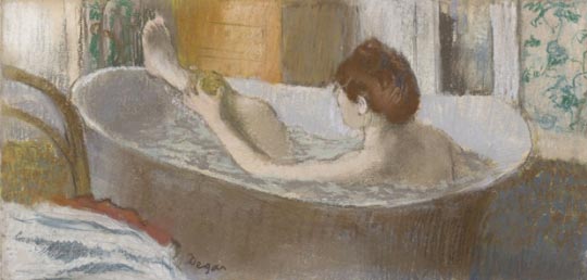 Une femme dans une baignoire s'épongeant la jambe, v. 1883. Pastel sur monotype, Edgar Degas