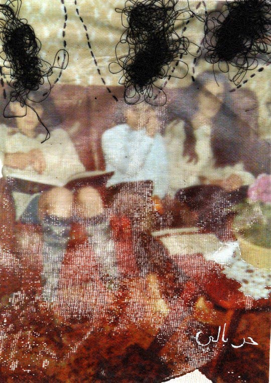 Poline Harbali, Mémoire corporelle, impression sur textile brulee au fer, couture, encre blanche, 2012