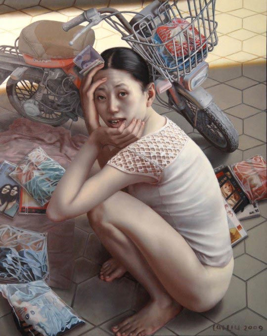 Lui Liu, Street Vendor, 2009, oil on board, 78cm x 65cm 