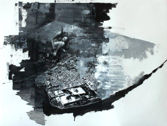 Julien Spianti, Jeru, 2011, Oil and collages on paper, 65 x 50 cm