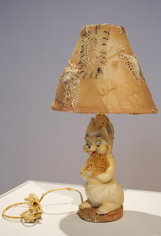 Aganetha Dyck, Squirrel Lamp, Lamp shade, Beeswax, Honeycomb, 2011, Photo credit: Peter Dyck 