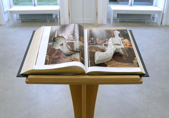James Hopkins, Salvation Lies Within, 2003, Lectern and bible, 122 x 50 x 34 cm, Installation view Cosmic Galerie, Paris, Private collection