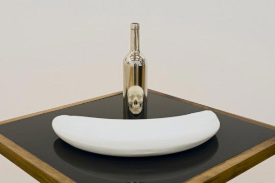 James Hopkins, Bottle and Skull, Detail, 2012, Wood, stone, mirrored bottle, z-corp, 3D print and paint , Dimensions: 115 x 66 x 66 cm