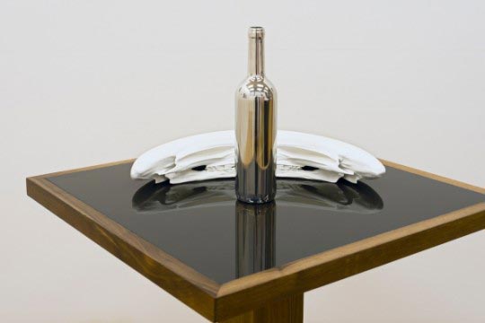 James Hopkins, Bottle and Skull, Detail, 2012, Wood, stone, mirrored bottle, z-corp, 3D print and paint , Dimensions: 115 x 66 x 66 cm