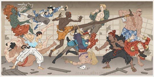 Jed Henry, "Battle in the Bath House" StreetFighter - Tryptique de 36" par 17"