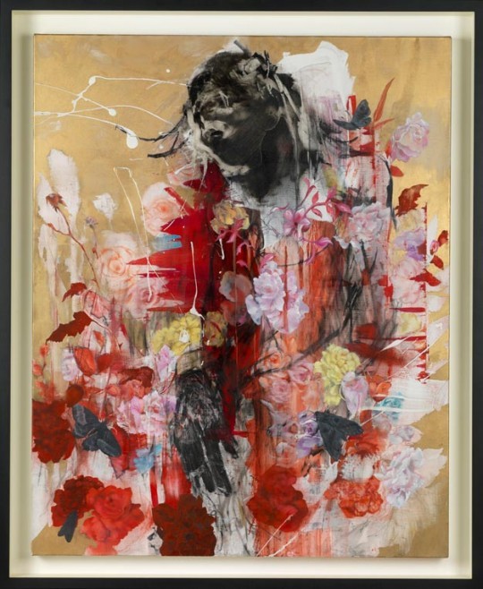 Antony Micallef, Bestial descent, huile, fusain et feuille d'or sur linen, 80 x 100 cm