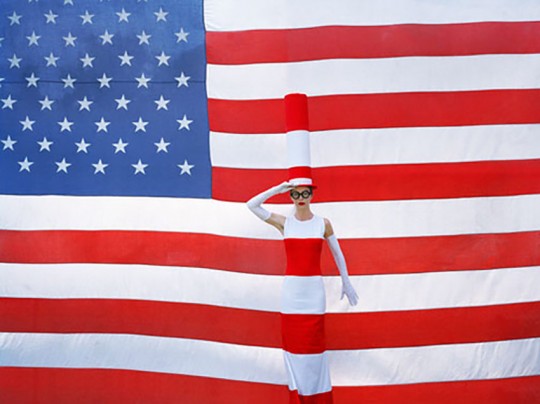 © Rodney Smith, Erin camouflaged against flag, Piermont, New York