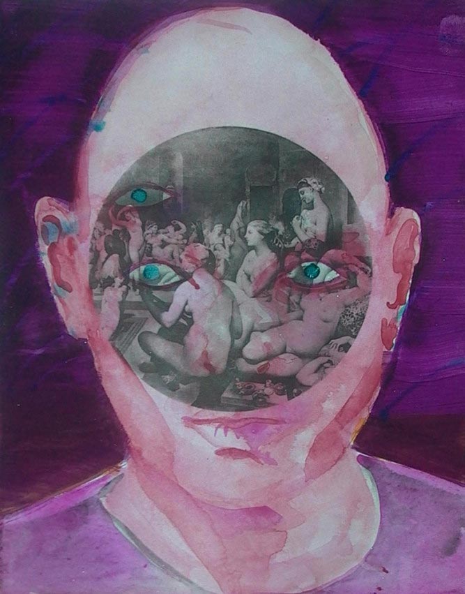 © Frédéric Léglise, <em>Selfportrait, Le bain turc</em>, aquarelle sur livre, 24x19 cm, 2006