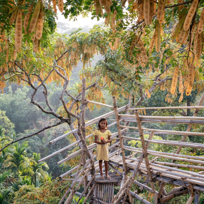 Wanda at the stairs to the treehouse