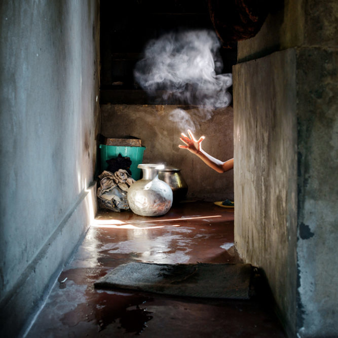 Steam. A girl takes a bath at home