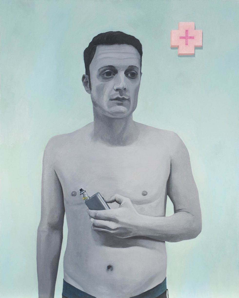 Marius Pons de Vincent, Autoportrait à la cigarette électronique, huile sur bois, 81 x 65 cm, 2018