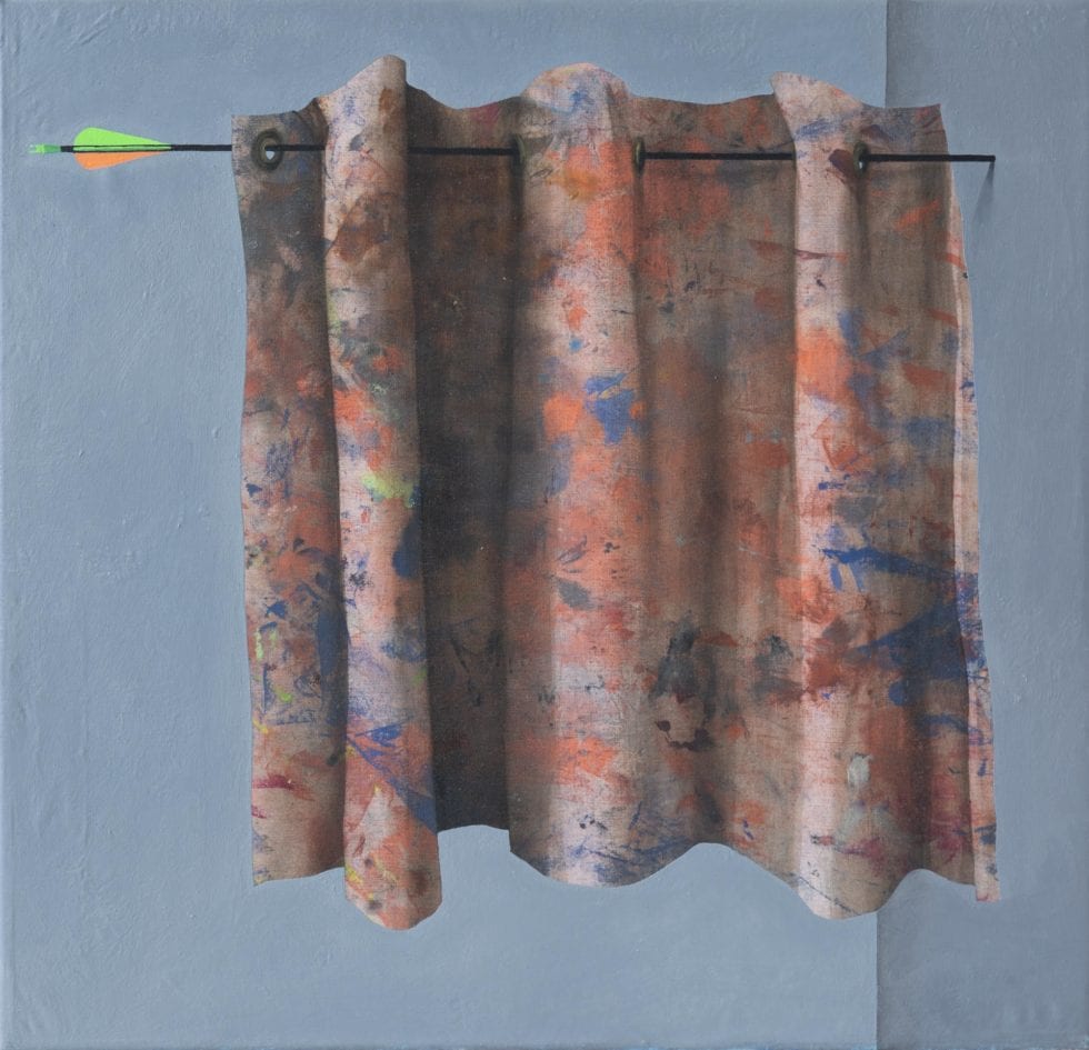 Marius Pons de Vincent, Flèche et rideau, huile sur chiffon, 53 x 54 cm, 2019