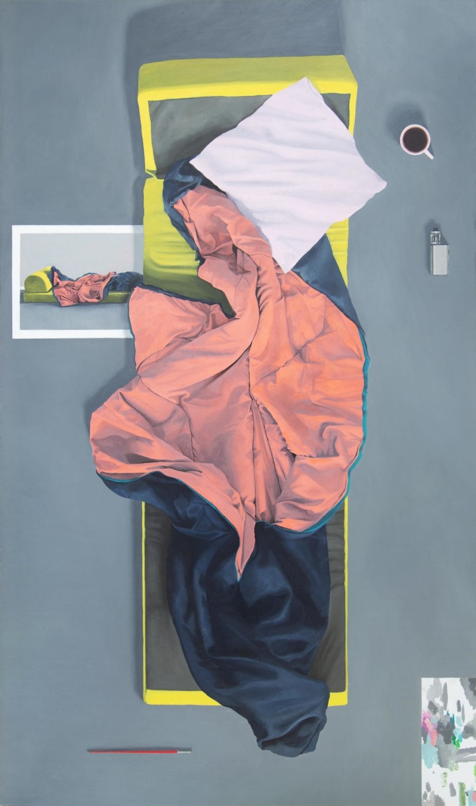 Marius Pons de Vincent, Le lit d'appoint, huile sur bois, 150 x 90 cm, 2019