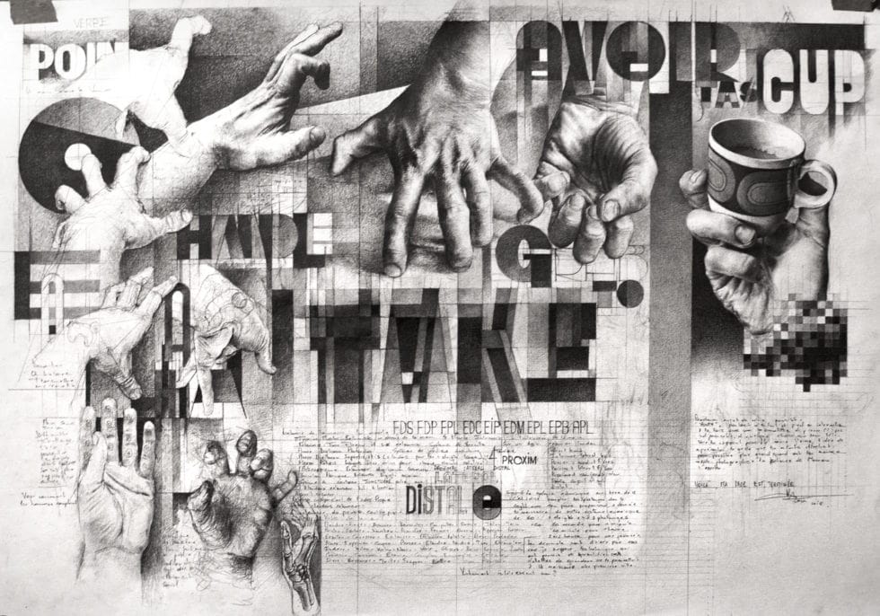 Pierre Coubeau aka FSTN, Planche recherche, 2018, 50x70 cm graphite sur papier ©