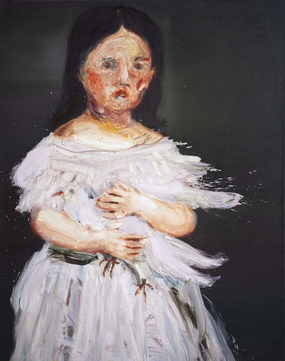 Gaël Davrinche, Fillette à la colombe, huile sur toile, 200x160 cm, 2016