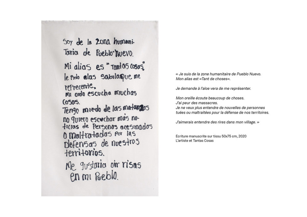 © Marc Lathuillière, Alias Tantas Cosas #3 (mensaje) Écriture manuscrite sur tissu 50x75 cm, 2020, l’artiste et Tantas Cosas