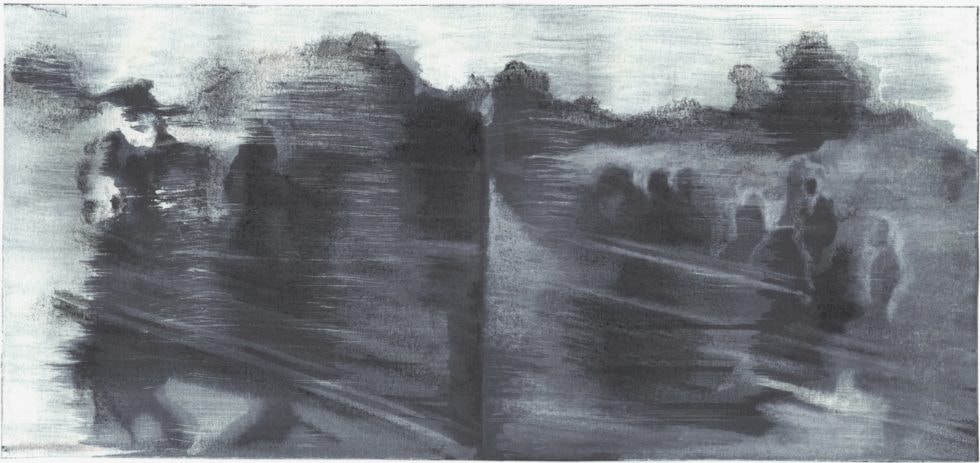 Guénaëlle de Carbonnières, Silhouettes , Ghost Images Series, desenho, mídia mista sobre papel, 2014, 9,5 x 20 cm, cortesia da Galerie Françoise Besson